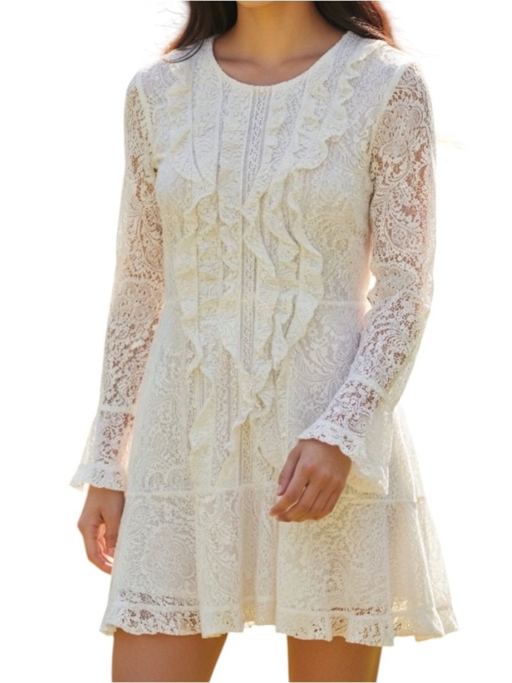 BCBG MaxAzria White Lace & Ruffles Lined Dress with long sleeves